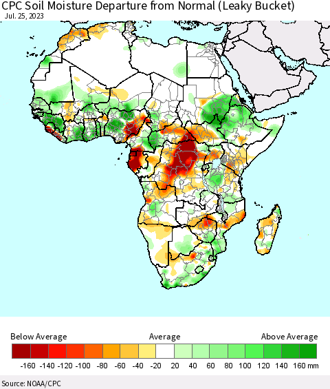 Africa CPC Soil Moisture Anomaly (Leaky Bucket) Thematic Map For 7/21/2023 - 7/25/2023