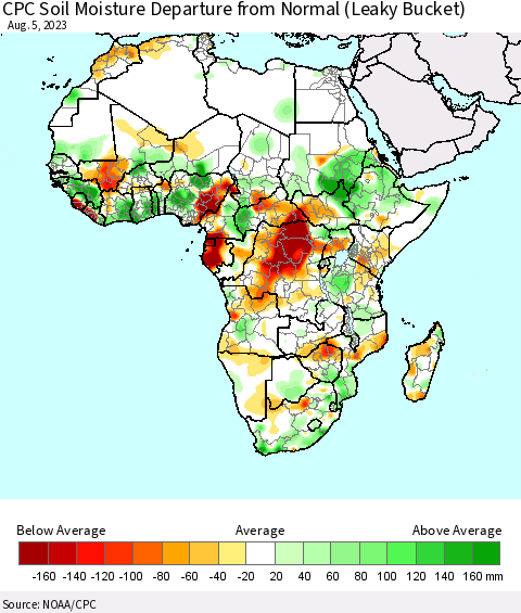 Africa CPC Soil Moisture Departure from Normal (Leaky Bucket) Thematic Map For 8/1/2023 - 8/5/2023