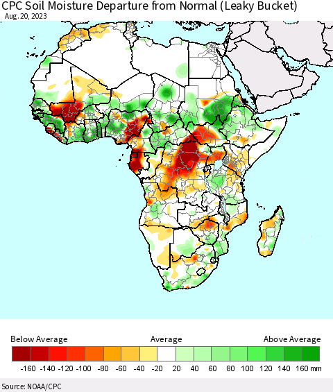 Africa CPC Soil Moisture Departure from Normal (Leaky Bucket) Thematic Map For 8/16/2023 - 8/20/2023