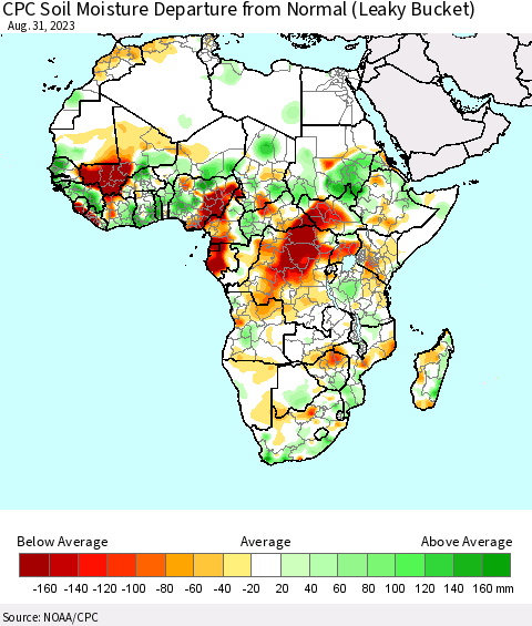 Africa CPC Soil Moisture Anomaly (Leaky Bucket) Thematic Map For 8/26/2023 - 8/31/2023