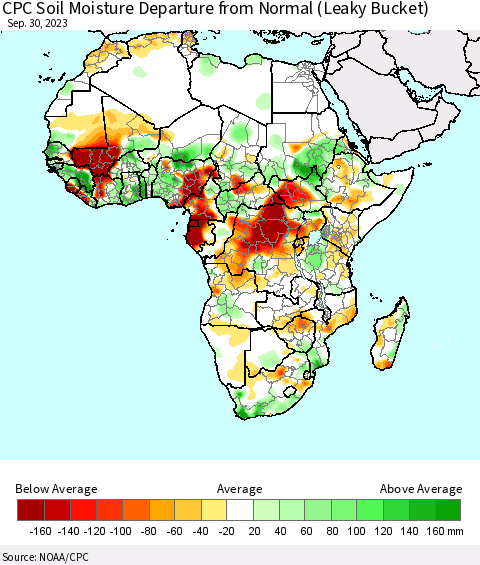 Africa CPC Soil Moisture Departure from Normal (Leaky Bucket) Thematic Map For 9/26/2023 - 9/30/2023