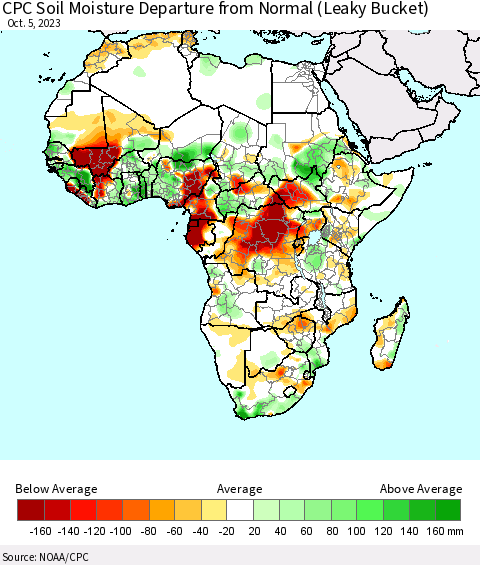 Africa CPC Soil Moisture Departure from Normal (Leaky Bucket) Thematic Map For 10/1/2023 - 10/5/2023