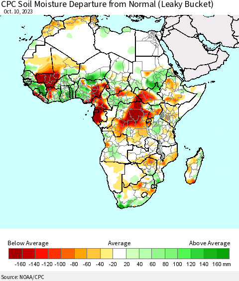 Africa CPC Soil Moisture Departure from Normal (Leaky Bucket) Thematic Map For 10/6/2023 - 10/10/2023