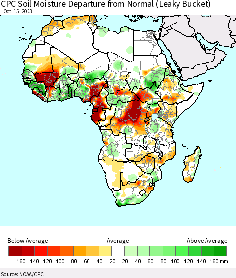 Africa CPC Soil Moisture Departure from Normal (Leaky Bucket) Thematic Map For 10/11/2023 - 10/15/2023