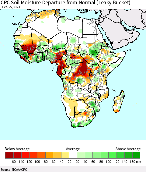 Africa CPC Soil Moisture Departure from Normal (Leaky Bucket) Thematic Map For 10/21/2023 - 10/25/2023