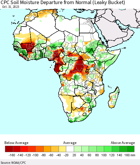 Africa CPC Soil Moisture Departure from Normal (Leaky Bucket) Thematic Map For 10/26/2023 - 10/31/2023