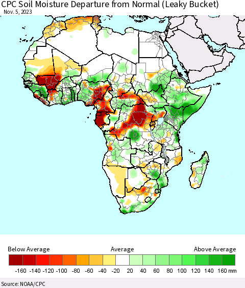 Africa CPC Soil Moisture Departure from Normal (Leaky Bucket) Thematic Map For 11/1/2023 - 11/5/2023