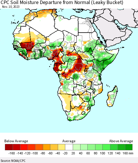 Africa CPC Soil Moisture Departure from Normal (Leaky Bucket) Thematic Map For 11/6/2023 - 11/10/2023