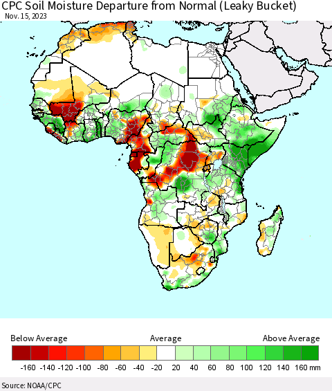 Africa CPC Soil Moisture Departure from Normal (Leaky Bucket) Thematic Map For 11/11/2023 - 11/15/2023