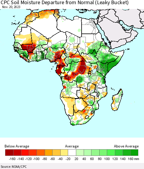 Africa CPC Soil Moisture Departure from Normal (Leaky Bucket) Thematic Map For 11/16/2023 - 11/20/2023