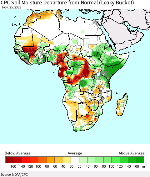 Africa CPC Soil Moisture Departure from Normal (Leaky Bucket) Thematic Map For 11/21/2023 - 11/25/2023