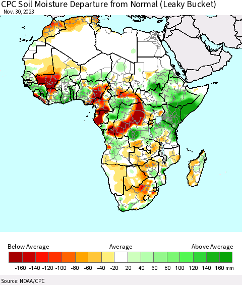 Africa CPC Soil Moisture Departure from Normal (Leaky Bucket) Thematic Map For 11/26/2023 - 11/30/2023