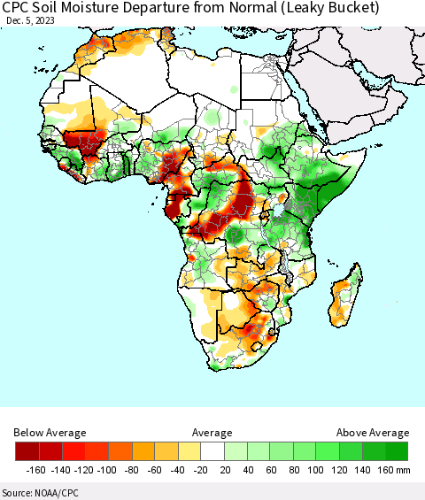 Africa CPC Soil Moisture Departure from Normal (Leaky Bucket) Thematic Map For 12/1/2023 - 12/5/2023