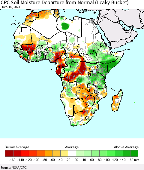 Africa CPC Soil Moisture Departure from Normal (Leaky Bucket) Thematic Map For 12/6/2023 - 12/10/2023