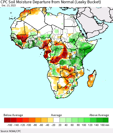 Africa CPC Soil Moisture Departure from Normal (Leaky Bucket) Thematic Map For 12/11/2023 - 12/15/2023