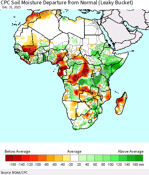 Africa CPC Soil Moisture Departure from Normal (Leaky Bucket) Thematic Map For 12/26/2023 - 12/31/2023