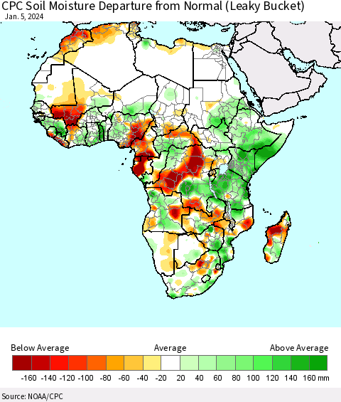Africa CPC Soil Moisture Departure from Normal (Leaky Bucket) Thematic Map For 1/1/2024 - 1/5/2024