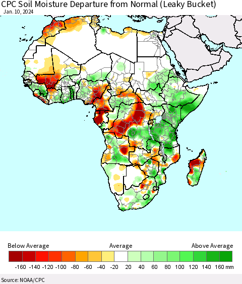Africa CPC Soil Moisture Departure from Normal (Leaky Bucket) Thematic Map For 1/6/2024 - 1/10/2024