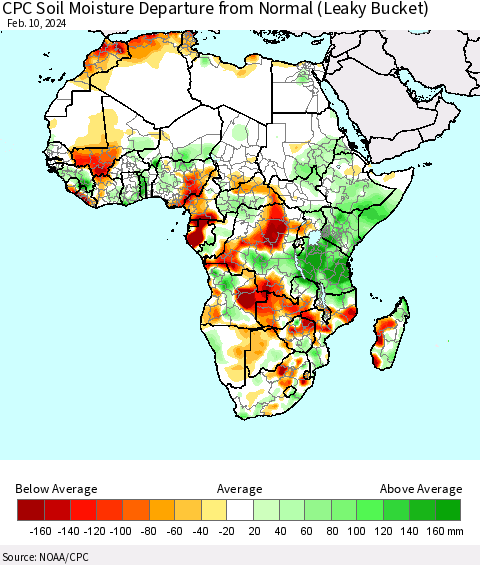 Africa CPC Soil Moisture Departure from Normal (Leaky Bucket) Thematic Map For 2/6/2024 - 2/10/2024