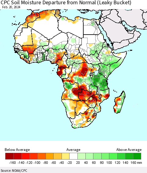 Africa CPC Soil Moisture Departure from Normal (Leaky Bucket) Thematic Map For 2/16/2024 - 2/20/2024