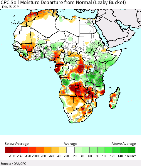 Africa CPC Soil Moisture Departure from Normal (Leaky Bucket) Thematic Map For 2/21/2024 - 2/25/2024