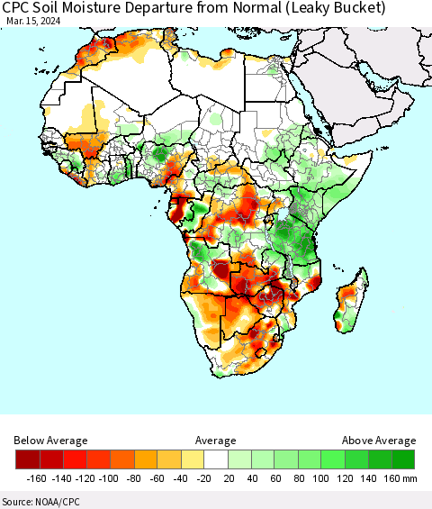 Africa CPC Soil Moisture Departure from Normal (Leaky Bucket) Thematic Map For 3/11/2024 - 3/15/2024