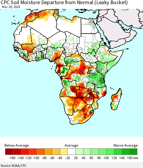 Africa CPC Soil Moisture Departure from Normal (Leaky Bucket) Thematic Map For 3/16/2024 - 3/20/2024