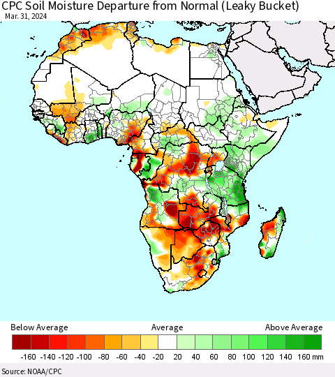 Africa CPC Soil Moisture Departure from Normal (Leaky Bucket) Thematic Map For 3/26/2024 - 3/31/2024