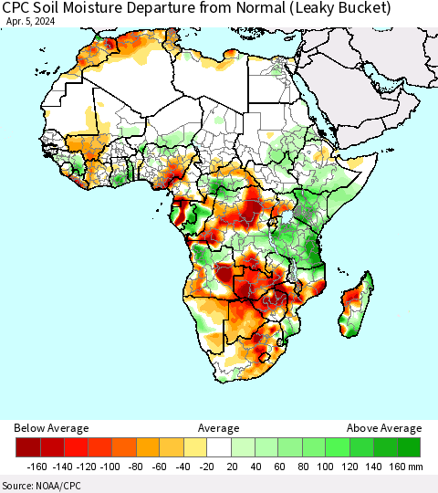 Africa CPC Soil Moisture Departure from Normal (Leaky Bucket) Thematic Map For 4/1/2024 - 4/5/2024