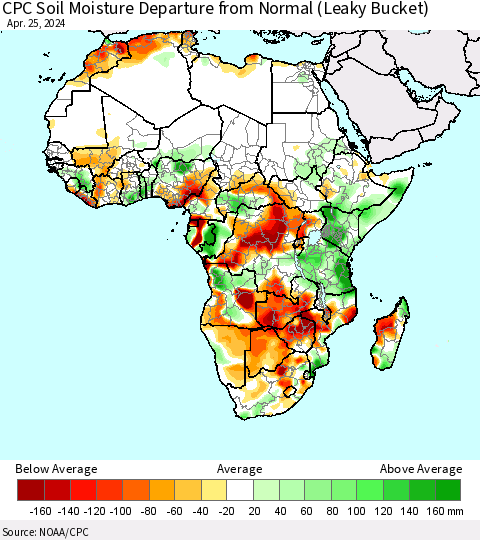 Africa CPC Soil Moisture Departure from Normal (Leaky Bucket) Thematic Map For 4/21/2024 - 4/25/2024