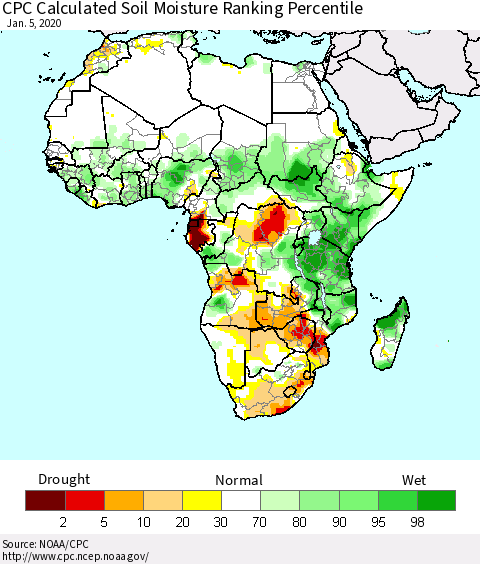 Africa CPC Soil Moisture Ranking Percentile (Leaky Bucket) Thematic Map For 1/1/2020 - 1/5/2020