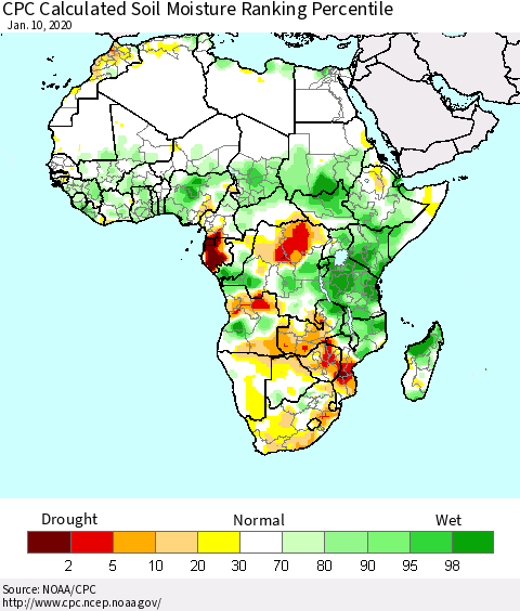 Africa CPC Soil Moisture Ranking Percentile (Leaky Bucket) Thematic Map For 1/6/2020 - 1/10/2020