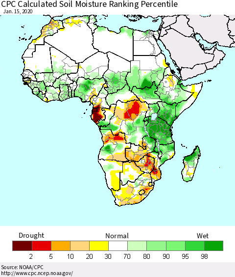 Africa CPC Soil Moisture Ranking Percentile (Leaky Bucket) Thematic Map For 1/11/2020 - 1/15/2020