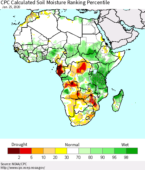 Africa CPC Soil Moisture Ranking Percentile (Leaky Bucket) Thematic Map For 1/21/2020 - 1/25/2020