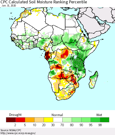 Africa CPC Soil Moisture Ranking Percentile (Leaky Bucket) Thematic Map For 1/26/2020 - 1/31/2020