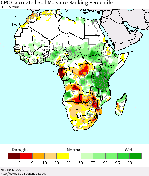 Africa CPC Soil Moisture Ranking Percentile (Leaky Bucket) Thematic Map For 2/1/2020 - 2/5/2020
