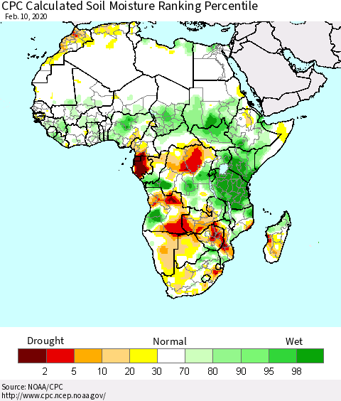 Africa CPC Soil Moisture Ranking Percentile (Leaky Bucket) Thematic Map For 2/6/2020 - 2/10/2020