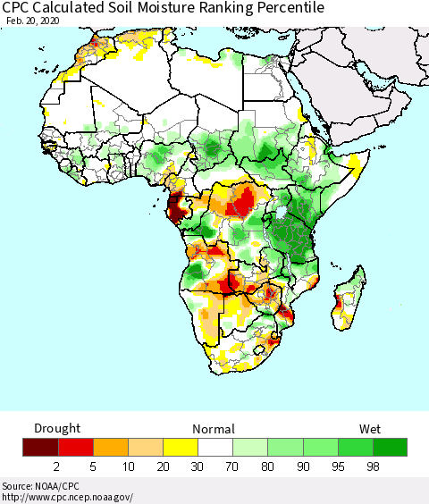 Africa CPC Soil Moisture Ranking Percentile (Leaky Bucket) Thematic Map For 2/16/2020 - 2/20/2020