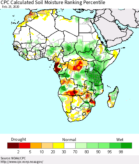 Africa CPC Soil Moisture Ranking Percentile (Leaky Bucket) Thematic Map For 2/21/2020 - 2/25/2020