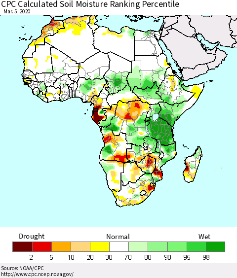 Africa CPC Calculated Soil Moisture Ranking Percentile Thematic Map For 3/1/2020 - 3/5/2020