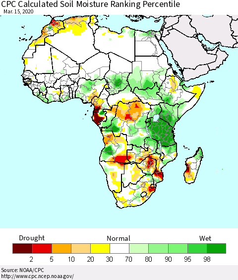Africa CPC Soil Moisture Ranking Percentile (Leaky Bucket) Thematic Map For 3/11/2020 - 3/15/2020
