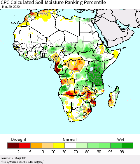 Africa CPC Calculated Soil Moisture Ranking Percentile Thematic Map For 3/16/2020 - 3/20/2020