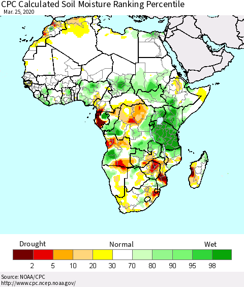 Africa CPC Calculated Soil Moisture Ranking Percentile Thematic Map For 3/21/2020 - 3/25/2020