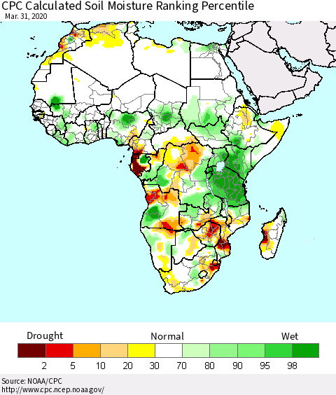 Africa CPC Soil Moisture Ranking Percentile (Leaky Bucket) Thematic Map For 3/26/2020 - 3/31/2020