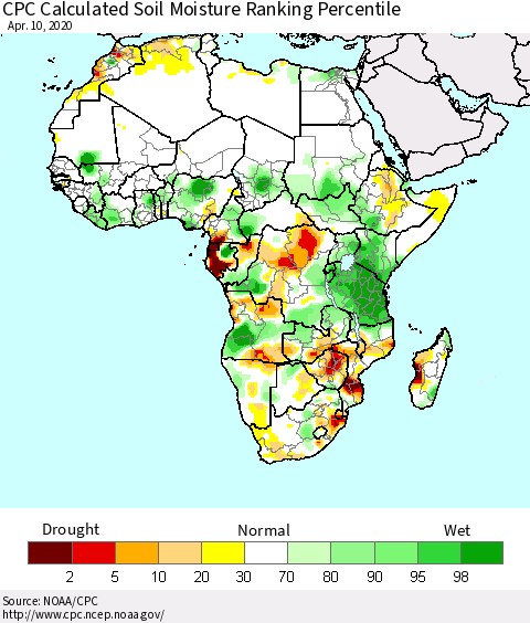 Africa CPC Calculated Soil Moisture Ranking Percentile Thematic Map For 4/6/2020 - 4/10/2020