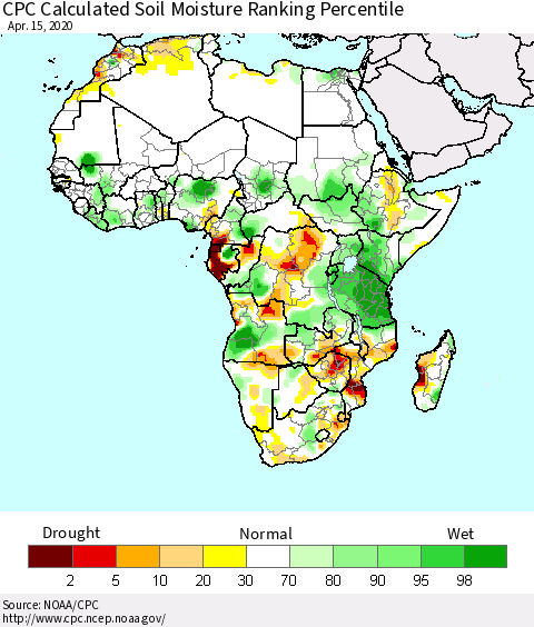 Africa CPC Soil Moisture Ranking Percentile (Leaky Bucket) Thematic Map For 4/11/2020 - 4/15/2020