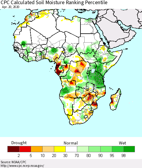 Africa CPC Soil Moisture Ranking Percentile (Leaky Bucket) Thematic Map For 4/16/2020 - 4/20/2020