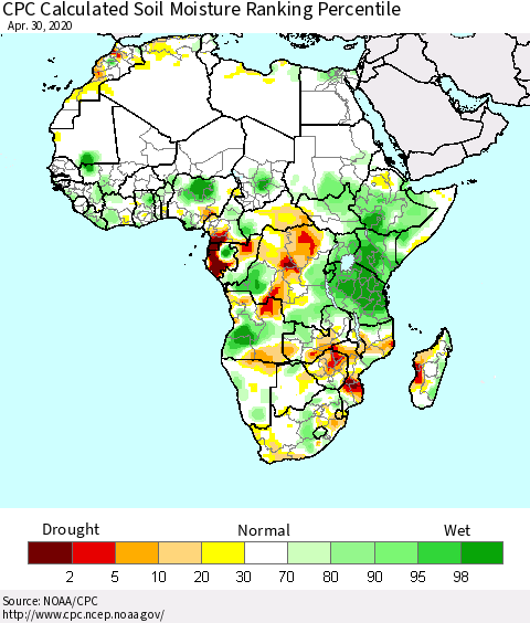Africa CPC Calculated Soil Moisture Ranking Percentile Thematic Map For 4/26/2020 - 4/30/2020