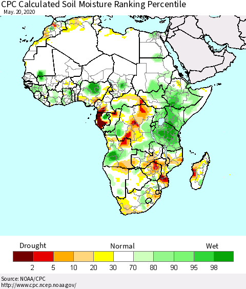 Africa CPC Soil Moisture Ranking Percentile (Leaky Bucket) Thematic Map For 5/16/2020 - 5/20/2020