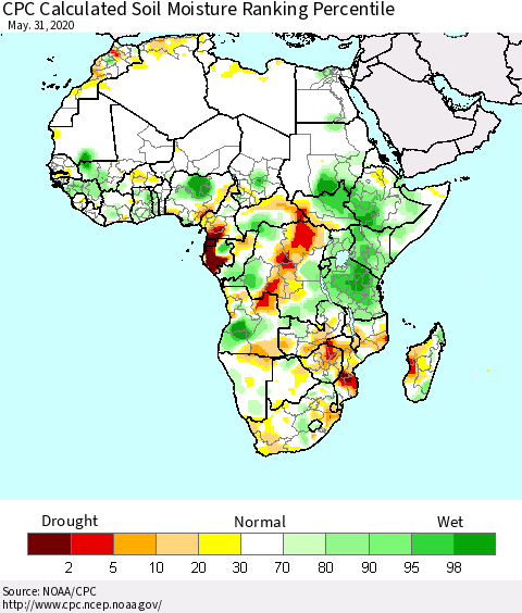 Africa CPC Calculated Soil Moisture Ranking Percentile Thematic Map For 5/26/2020 - 5/31/2020